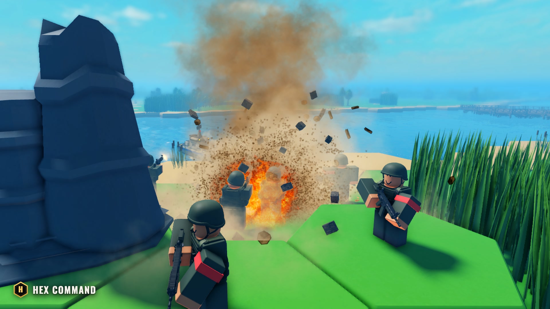Riflemen on a Riverlands bank, seen from just behind them, as a shell bursts among them