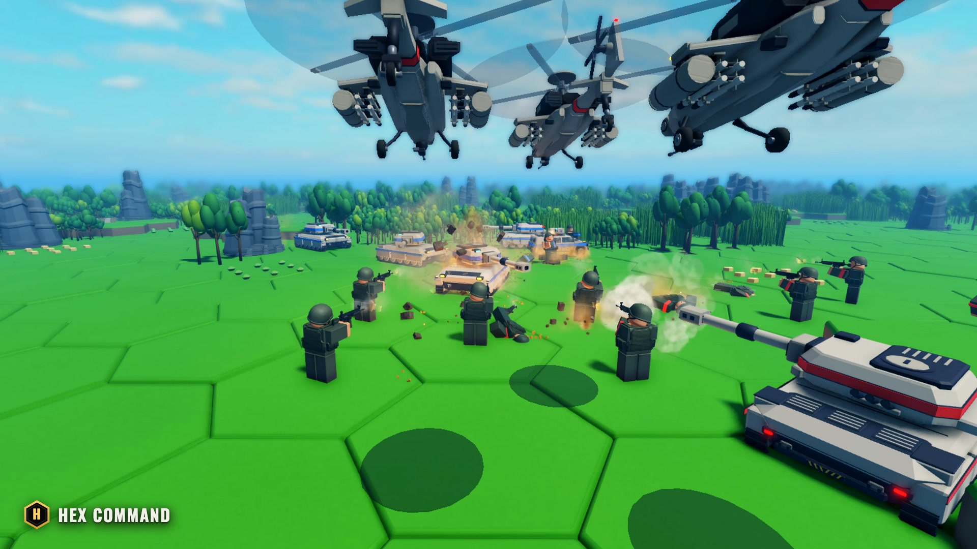 Attack Helicopters sweep low over a tank and infantry column