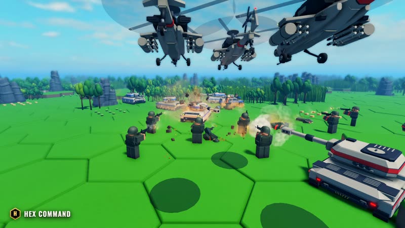 Attack Helicopters sweep low over a tank and infantry column