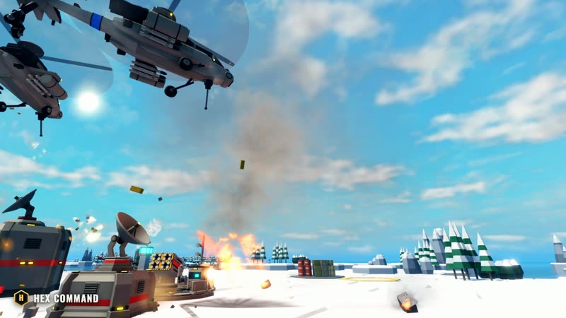 Enemy Helicopters dive on a snowy Fjords base as its Missile Defense fires