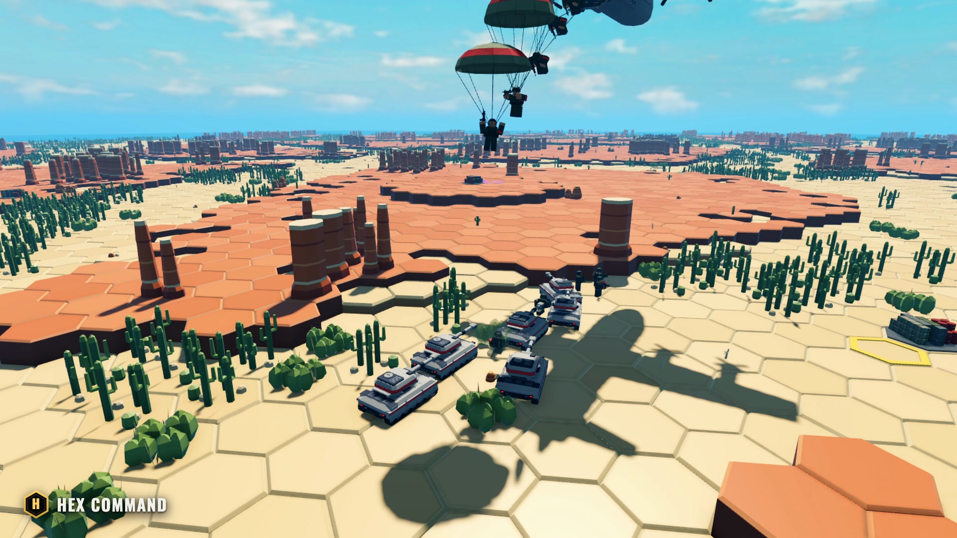 A Paradrop plane drops paratroopers over a Heavy Tank column in the Canyon