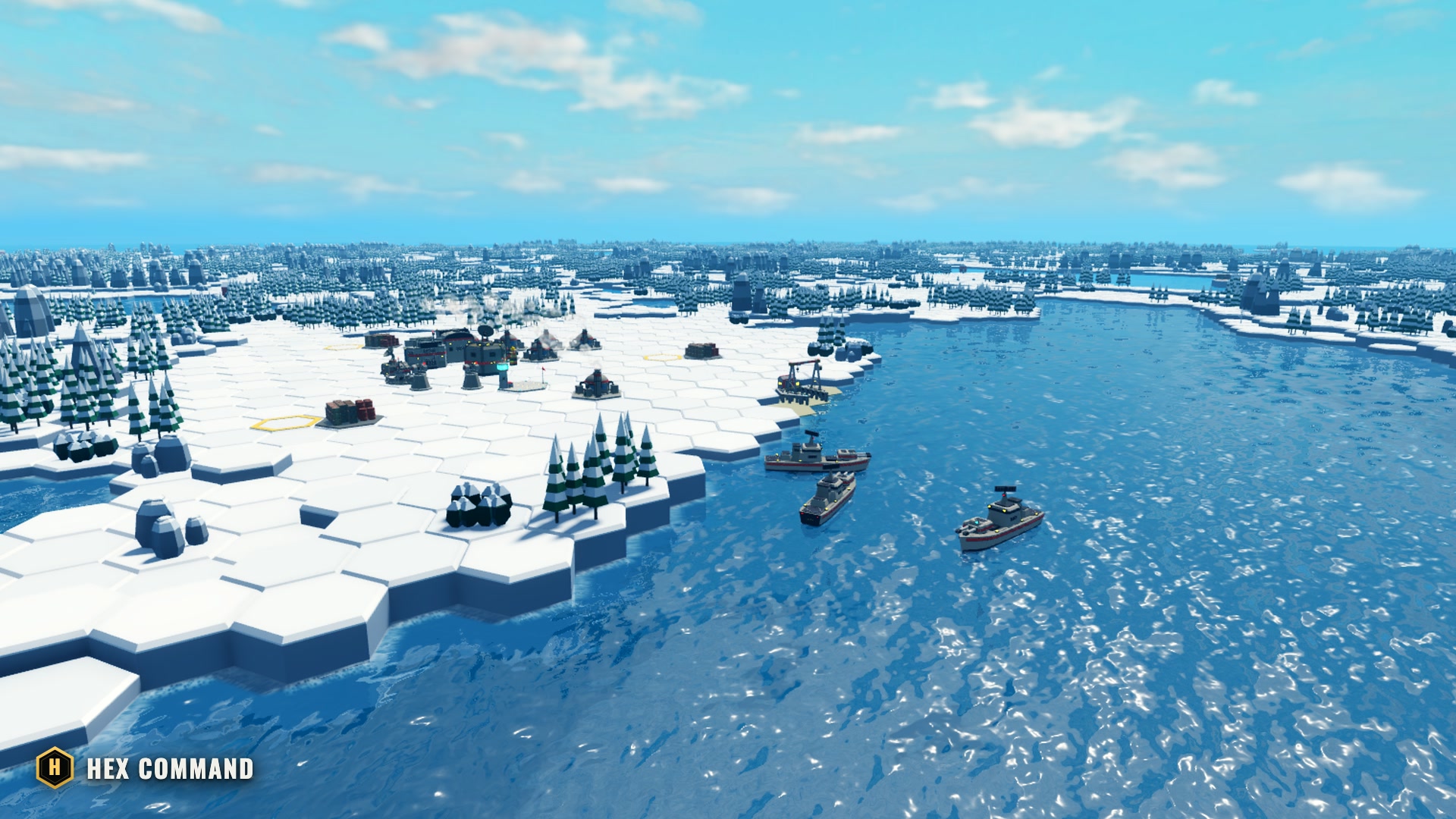 A base on the snowy Fjords shore, its Shipyard and Destroyers in the bay